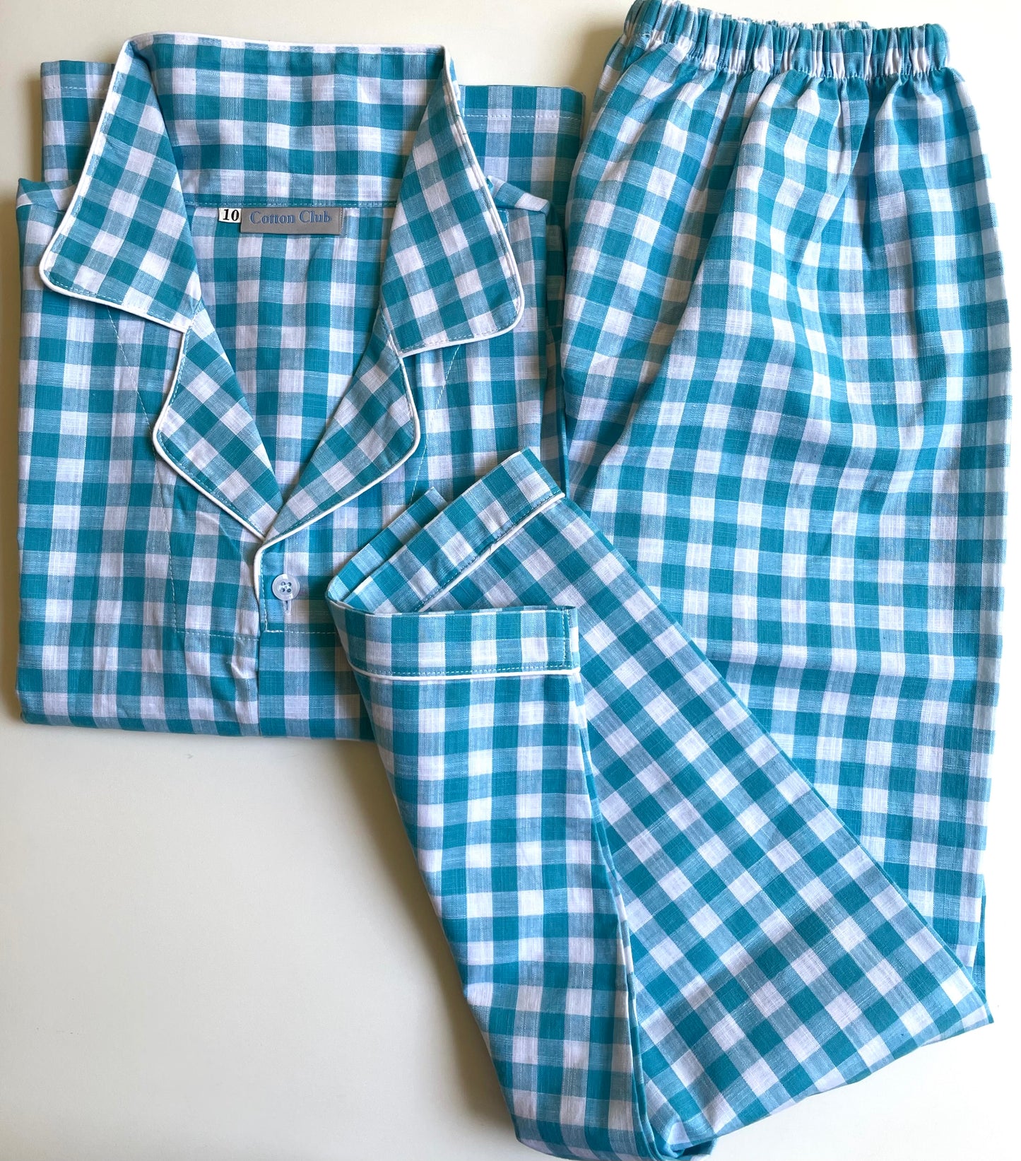 Aqua blue check cotton pajamas long pants for boy or girl 10-11 yrs