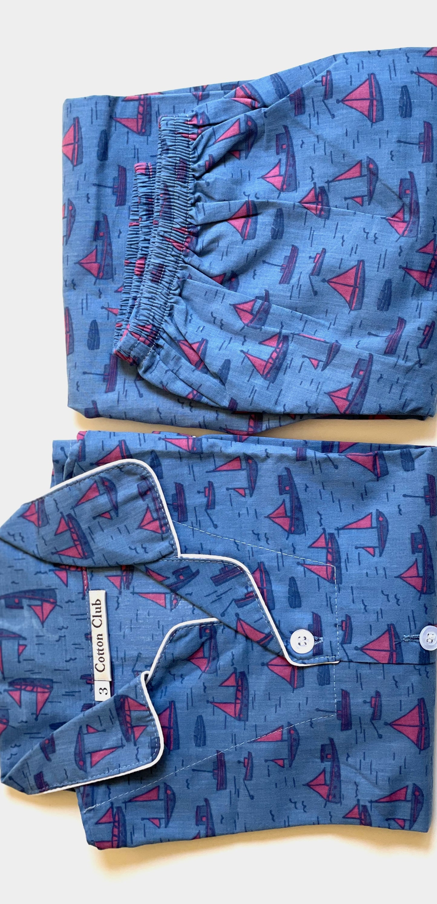 cotton pj set in sea blue and boats for boys and girls