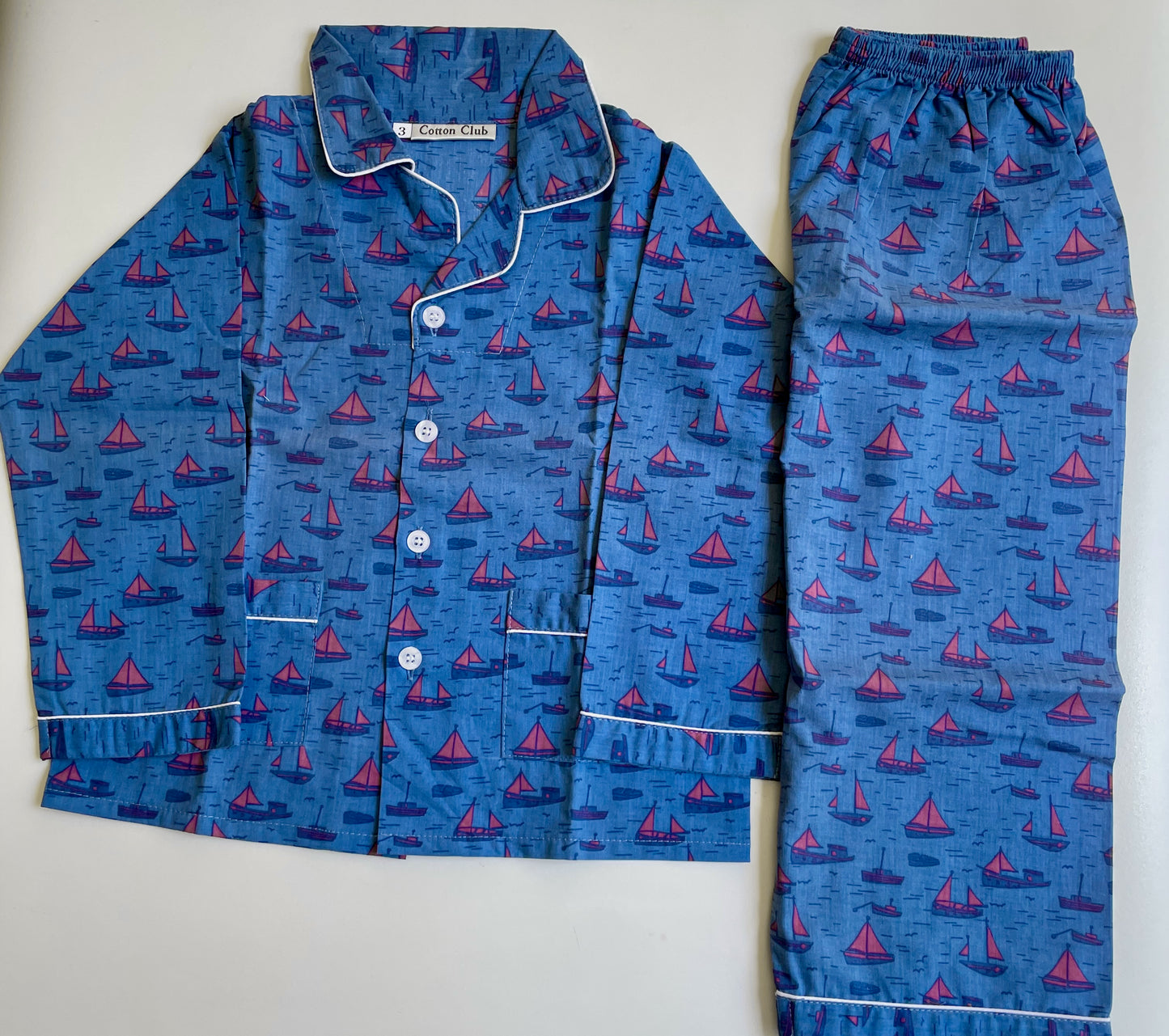blue & red cotton pj set long pants long sleeves for kids