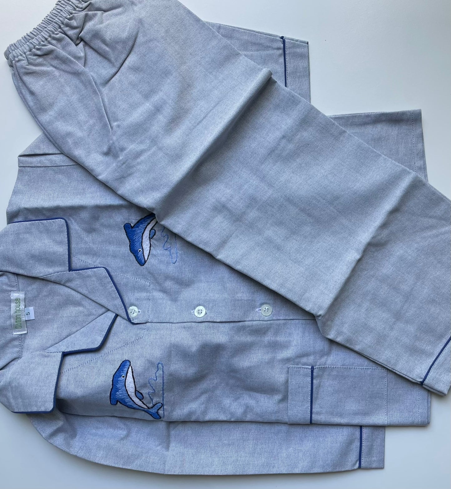 cotton pj set for kids long pants long sleeves grey featuring blue dolphins