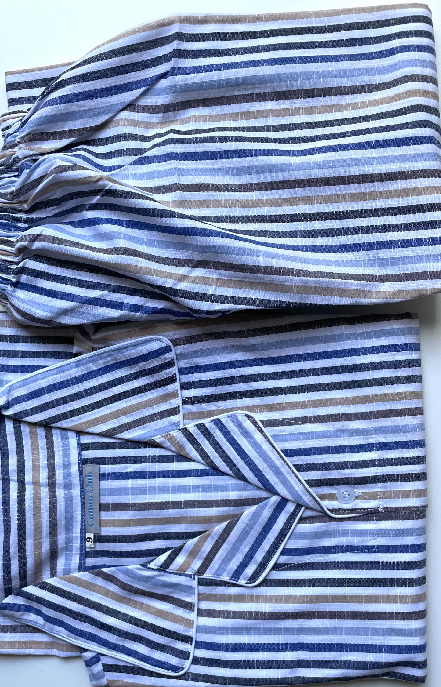 Folded cotton pj set long sleeves blue brown stripes for 8-9yrs girl and boy