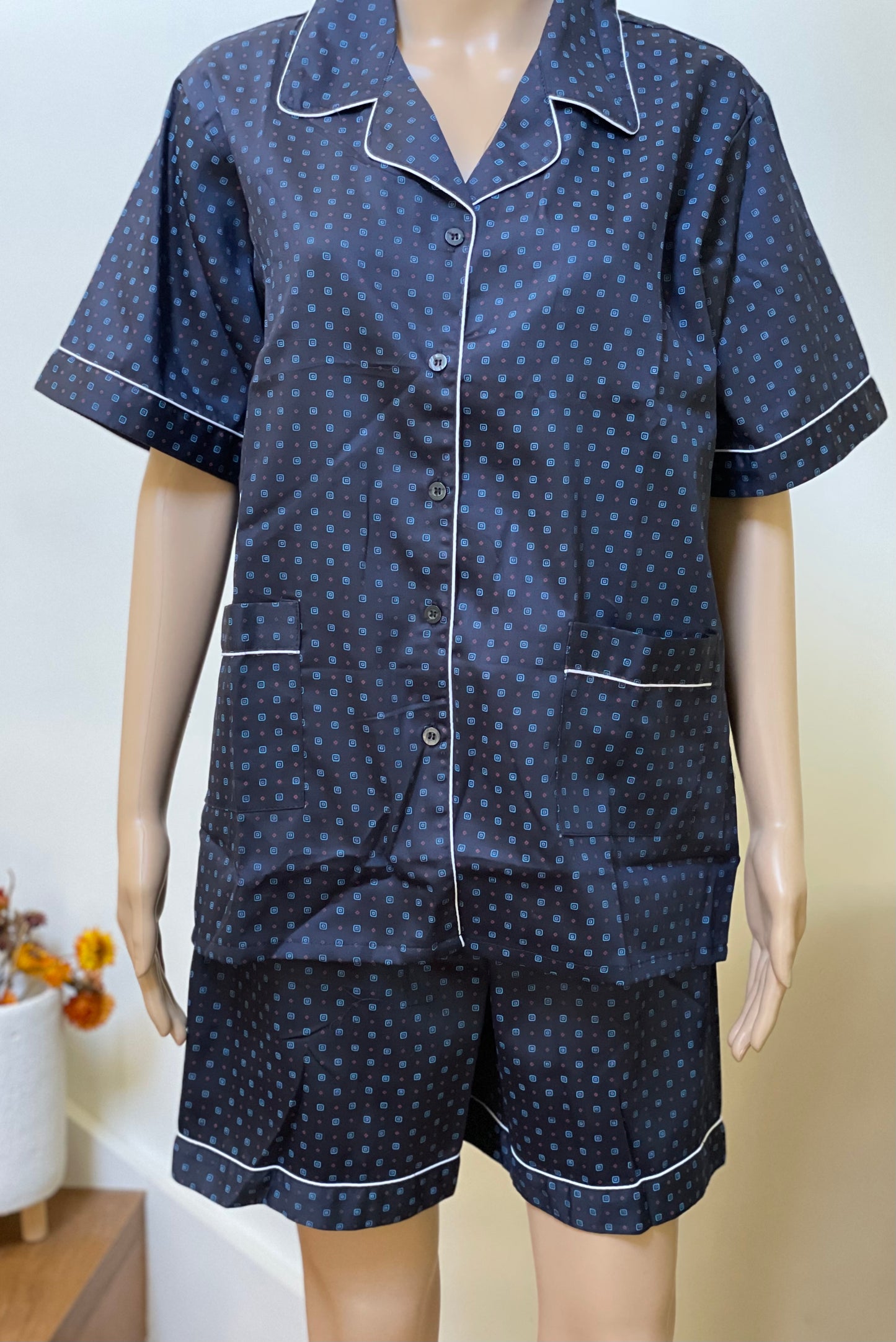 standing in XL pajama short sleeve set in dark blue with classic pattern for men or women