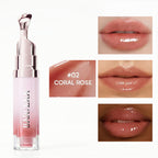 Lip gloss with a silver applicator and close-up images of lips wearing the product, labeled '#02 Coral Rose'.