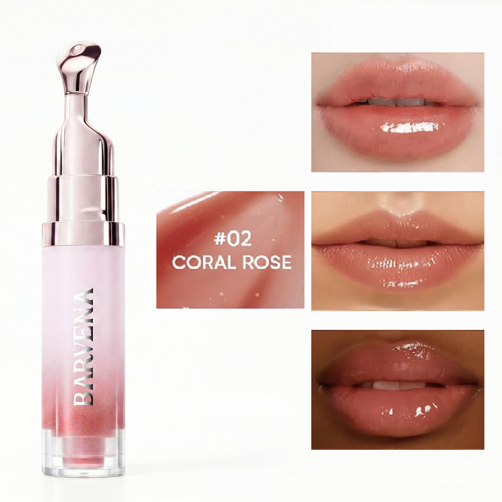 Lip gloss with a silver applicator and close-up images of lips wearing the product, labeled '#02 Coral Rose'.