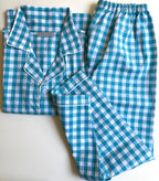 Aqua blue check cotton pajamas long pants for boy or girl 10-11 yrs