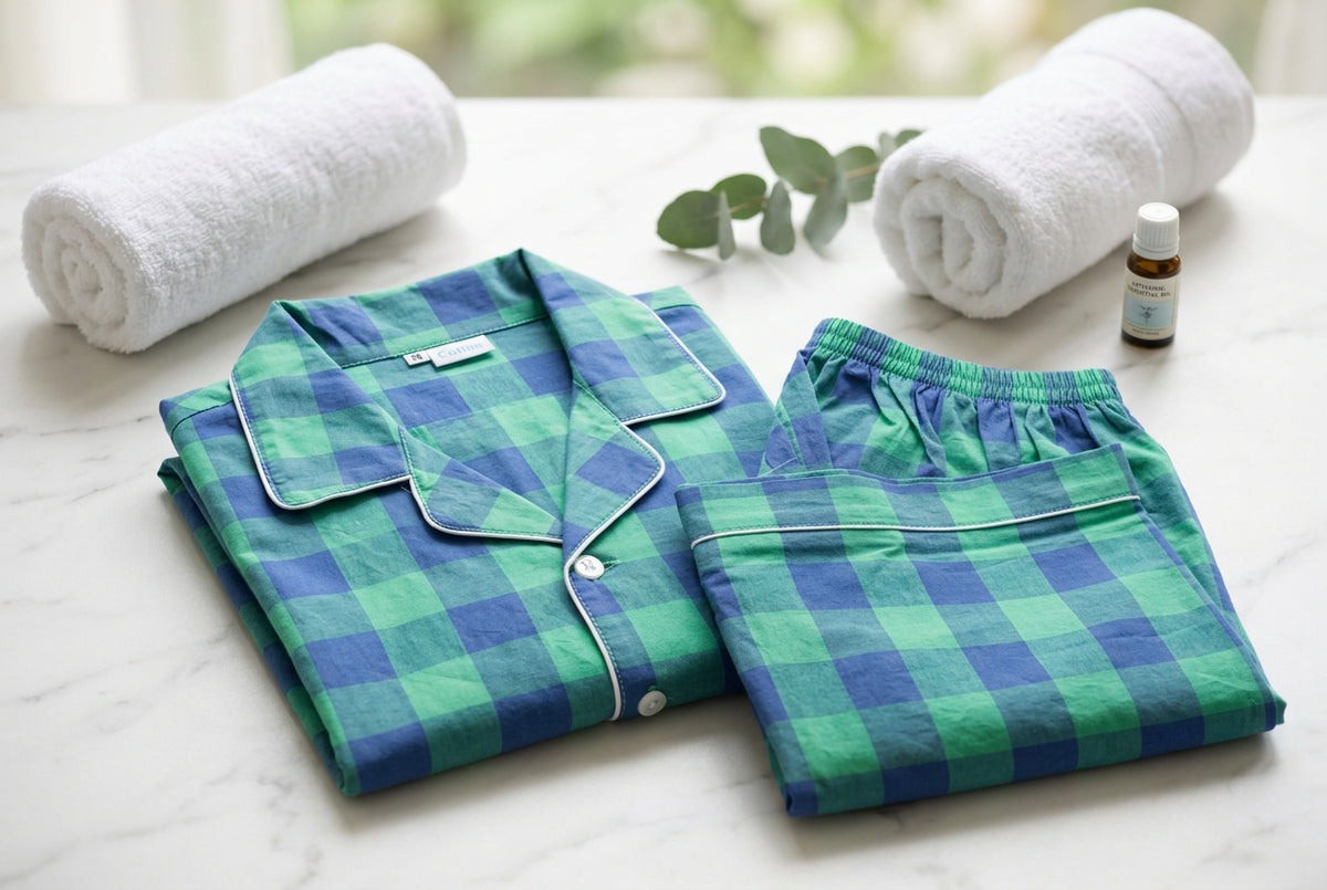 Close-up showing the green and blue check fabric and Short Sleeve Pajamas.