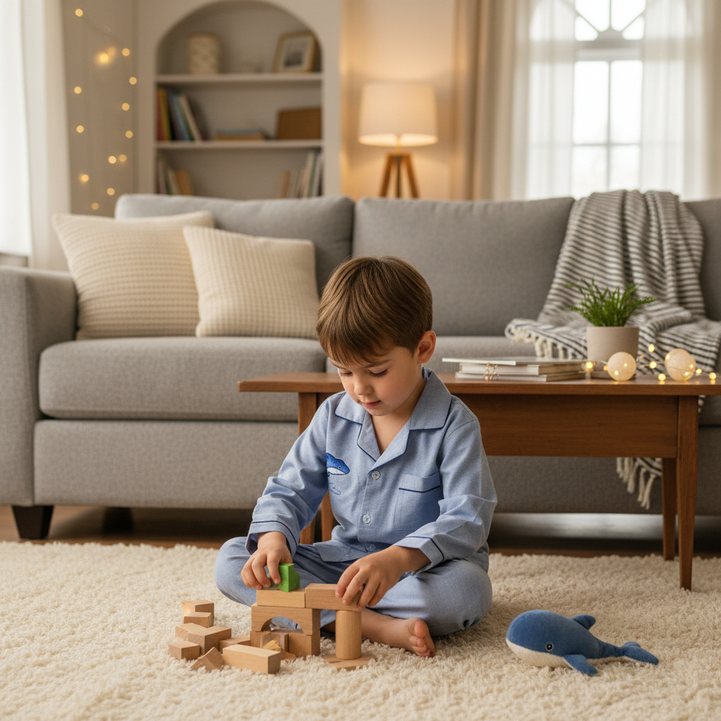 A boy wearing soft grey-blue fabric cotton Pajama set with a playful dolphin design.