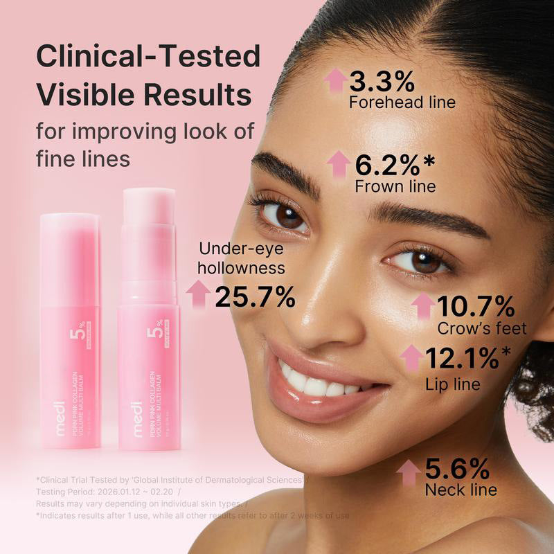 Advertisement for a skincare product showing clinical-tested visible results on a woman's face with product packaging.