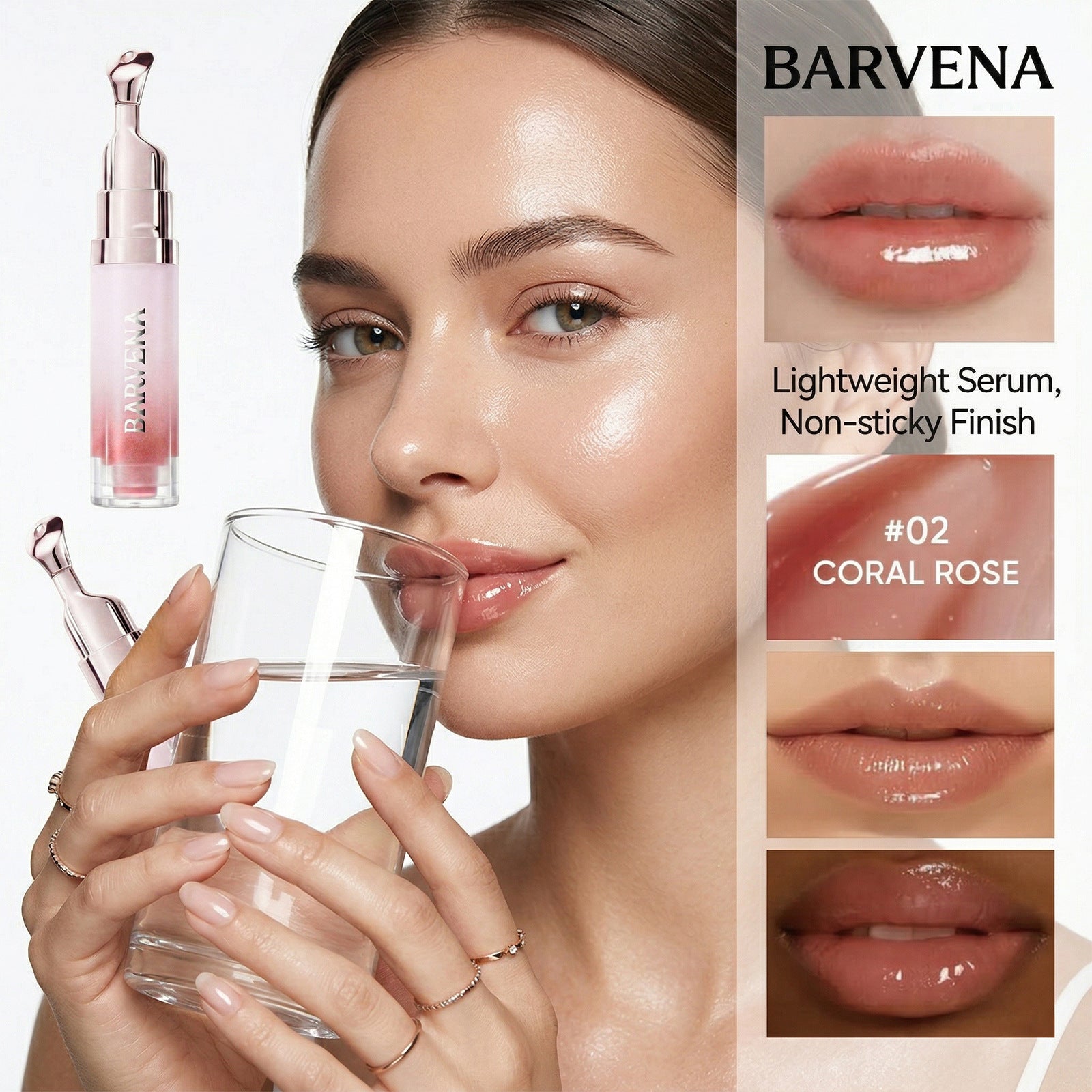 Woman holding a glass of water with Barvena lip serum and coral rose lip color swatches.