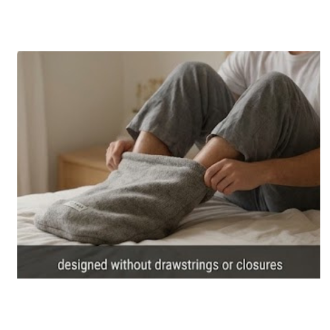 A person sitting on a bed wearing gray pajama pants and a white shirt, with a gray foot pouch. A dark text banner at the bottom reads, 'designed without drawstrings or closures.