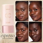 Purswift CC cream bottle with espresso shade on a beige background, featuring model faces.