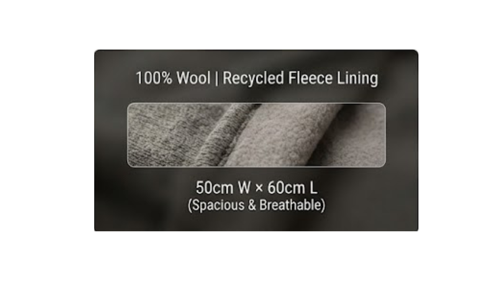 A dark product card showing a close-up fabric swatch labeled '100% Wool | Recycled Fleece Lining' with dimensions '50cm W x 60cm L (Spacious & Breathable)'.
