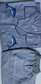 5-6yr kids pj set long sleeves folded in grey with blue little dolphins
