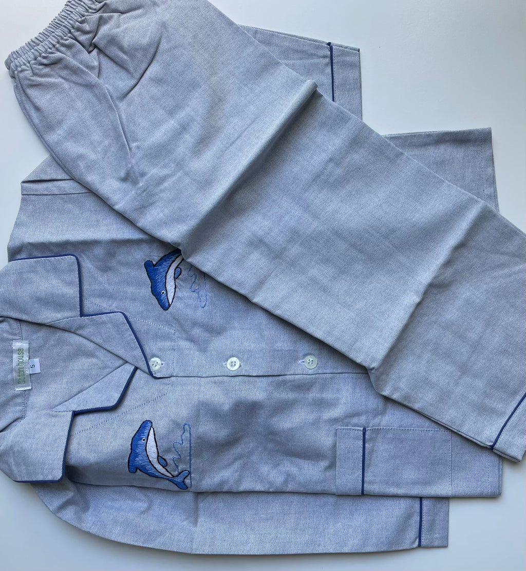cotton pj set for kids long pants long sleeves grey featuring blue dolphins