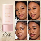 Purswift CC cream with four close-up images of a woman's face, showcasing the product's color on different skin tones.