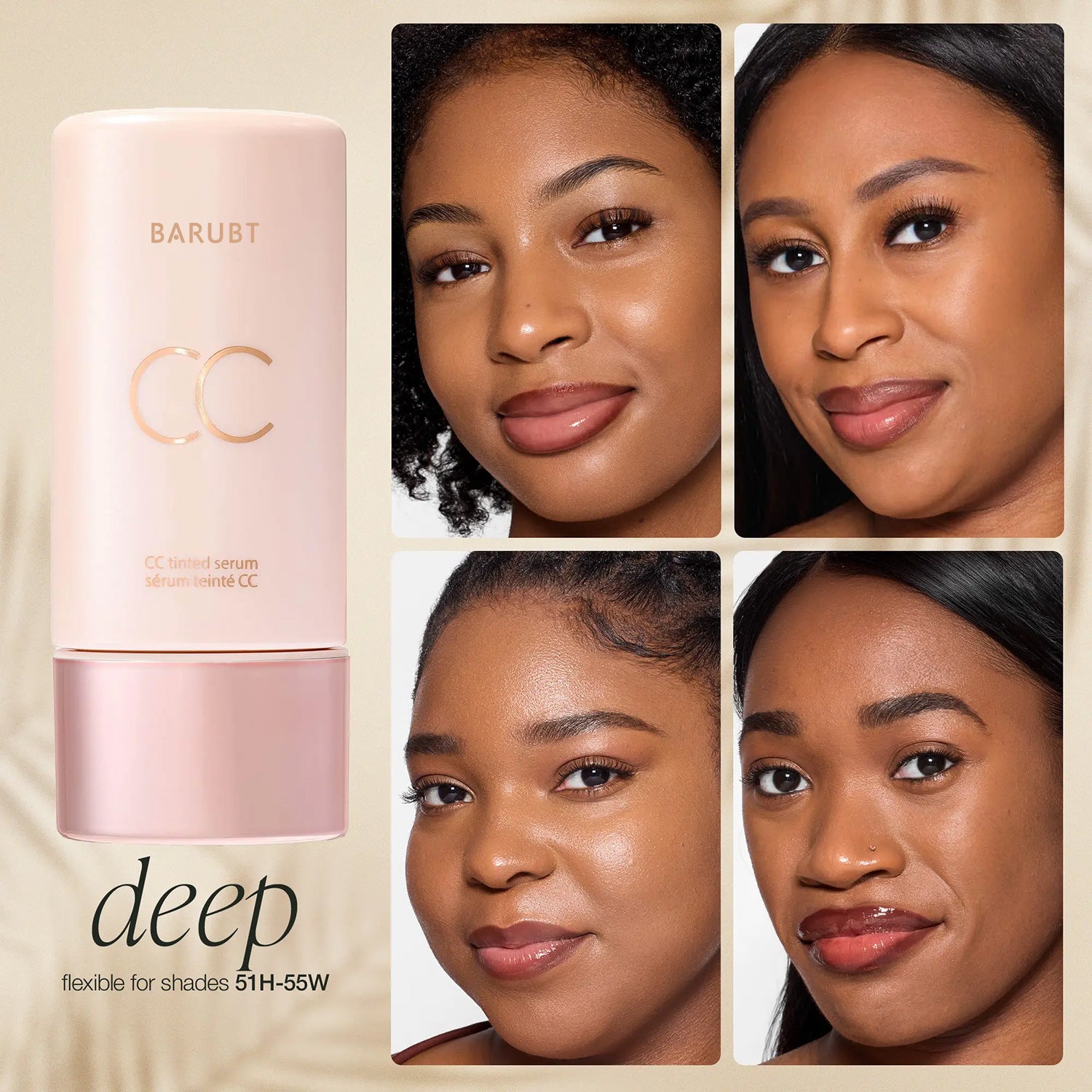 Purswift CC cream with four close-up images of a woman's face, showcasing the product's color on different skin tones.
