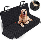 Dog sitting on a black quilted car seat cover with a close-up inset showing a beige seat cover.