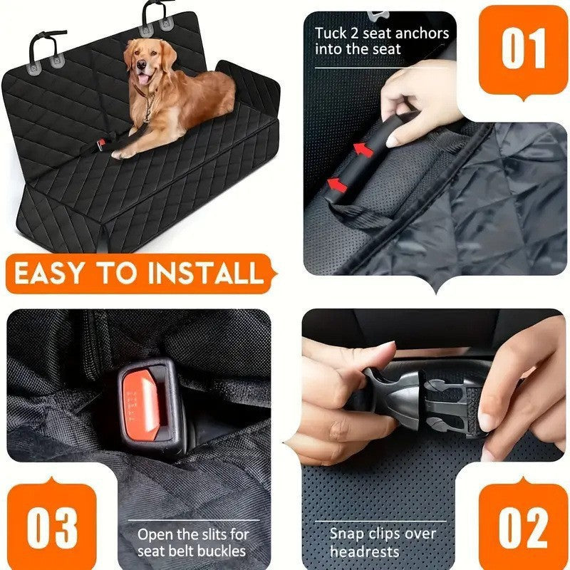 Dog car seat cover with installation instructions on a white background