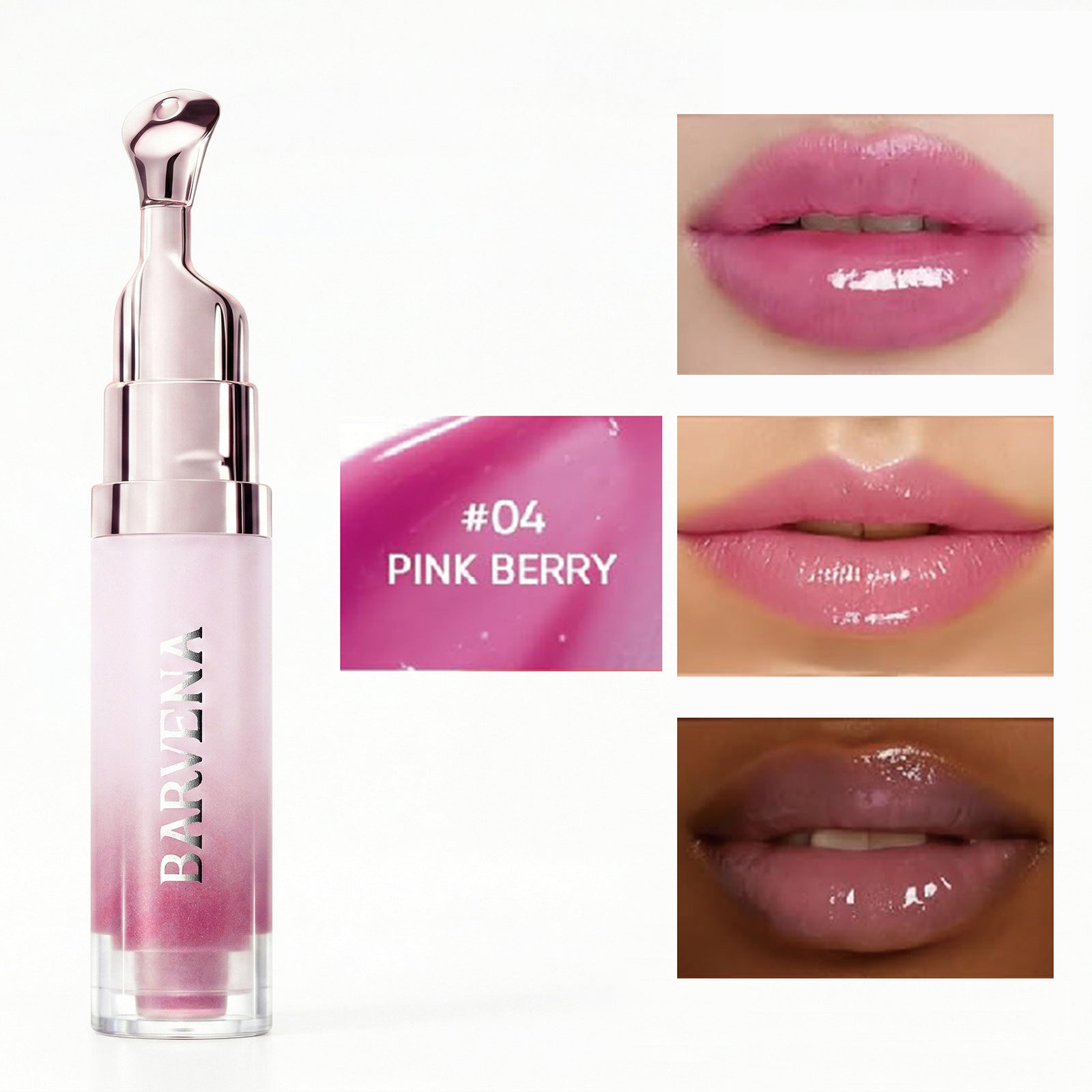 Lip gloss with 'Pink Berry' color swatch and application on lips
