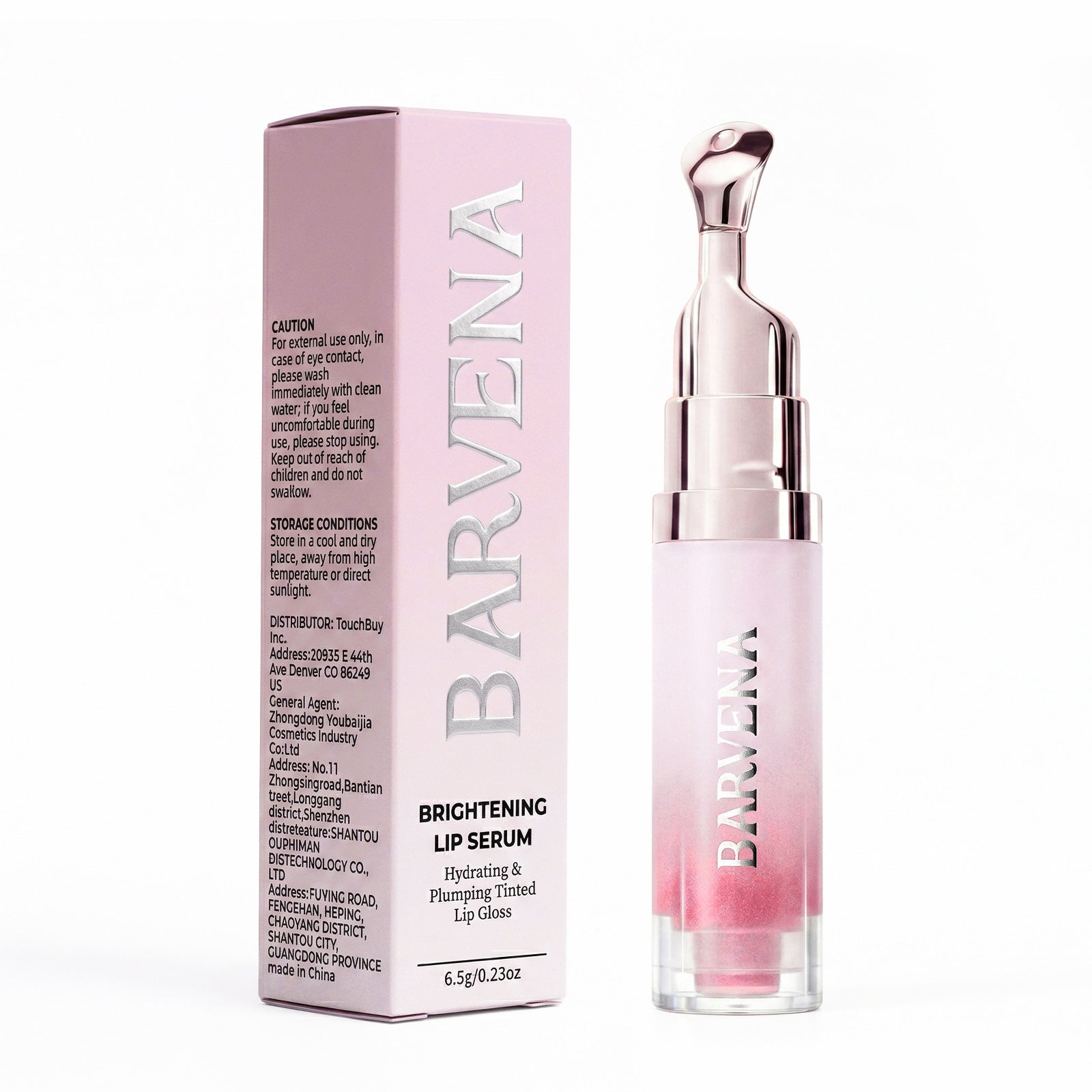 Barvena brightening lip serum with packaging on a white background