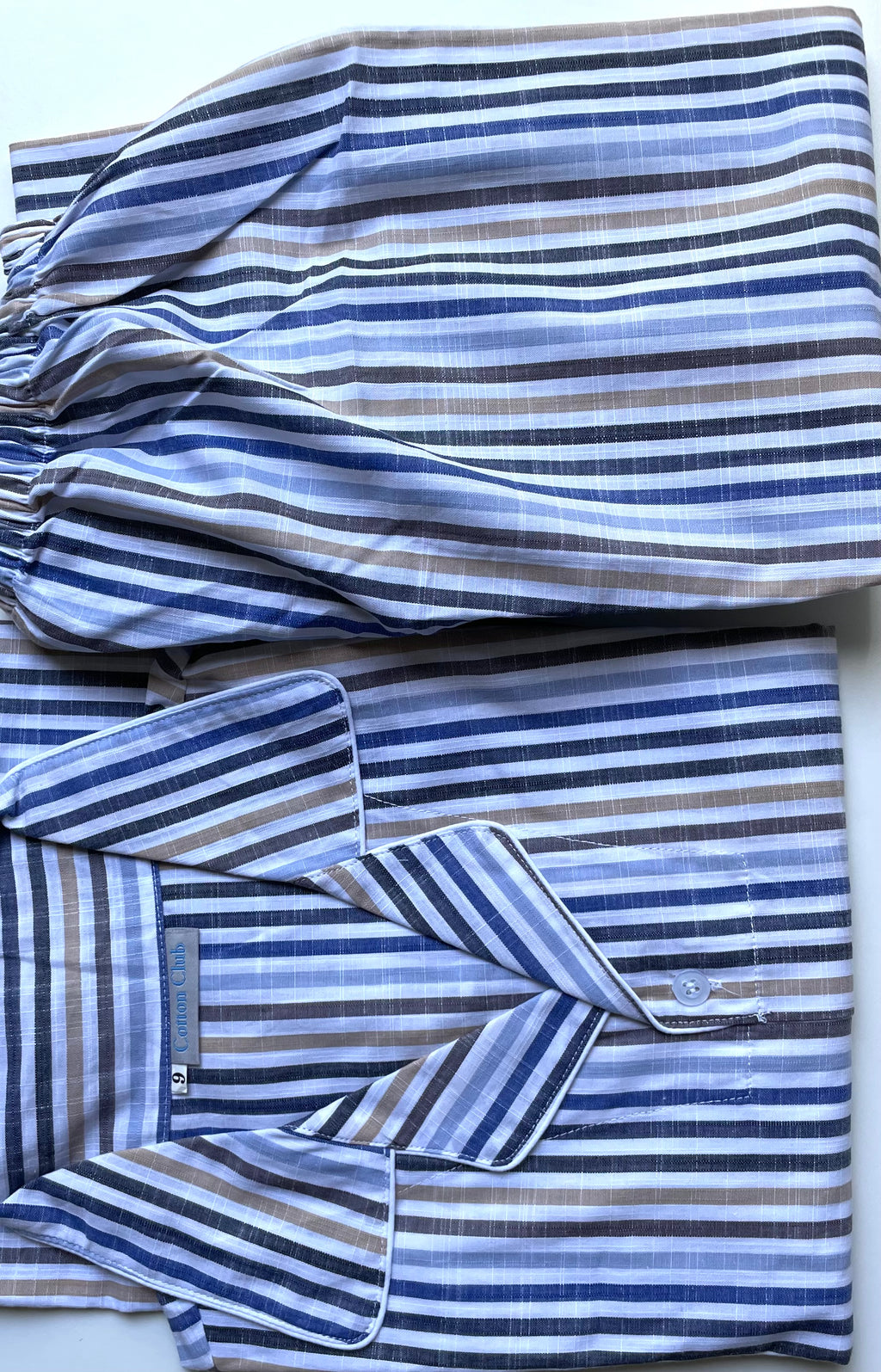 Folded cotton pj set long sleeves blue brown stripes for 8-9yrs girl and boy