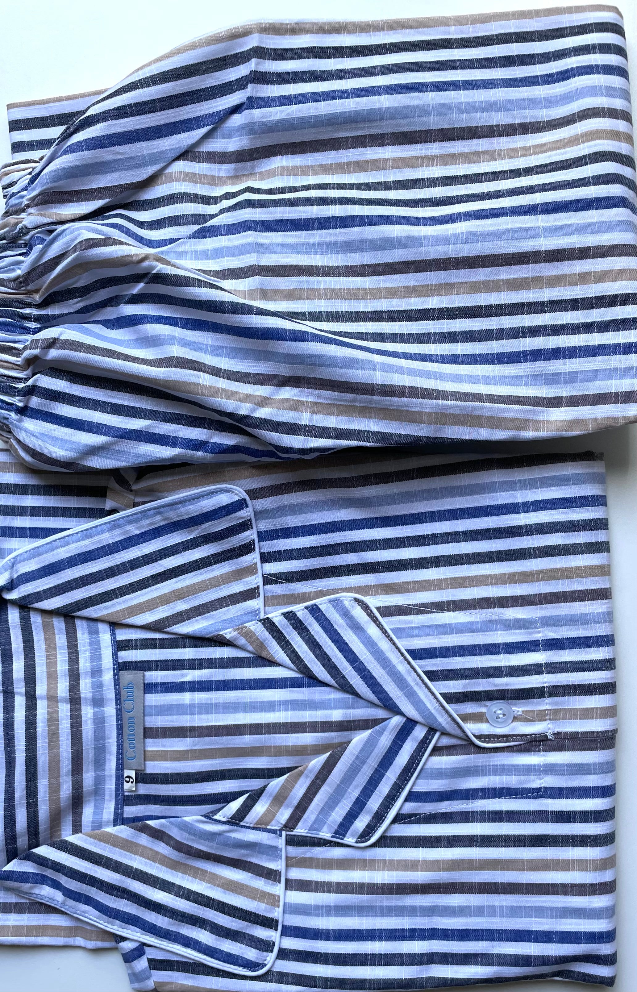 Folded cotton pj set long sleeves blue brown stripes for 8-9yrs girl and boy