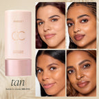 CC cream with four women's faces showing different skin tones and the product's color match.