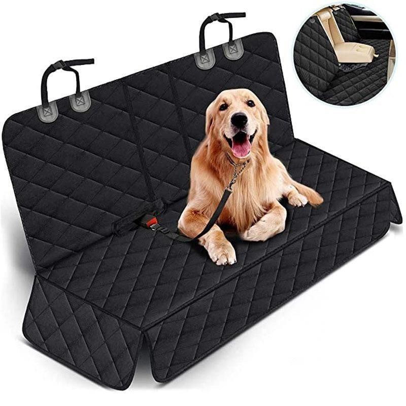 Dog sitting on a black quilted car seat cover with a close-up inset showing a beige seat cover.