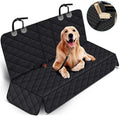Dog sitting on a black quilted car seat cover with a close-up inset showing a beige seat cover.