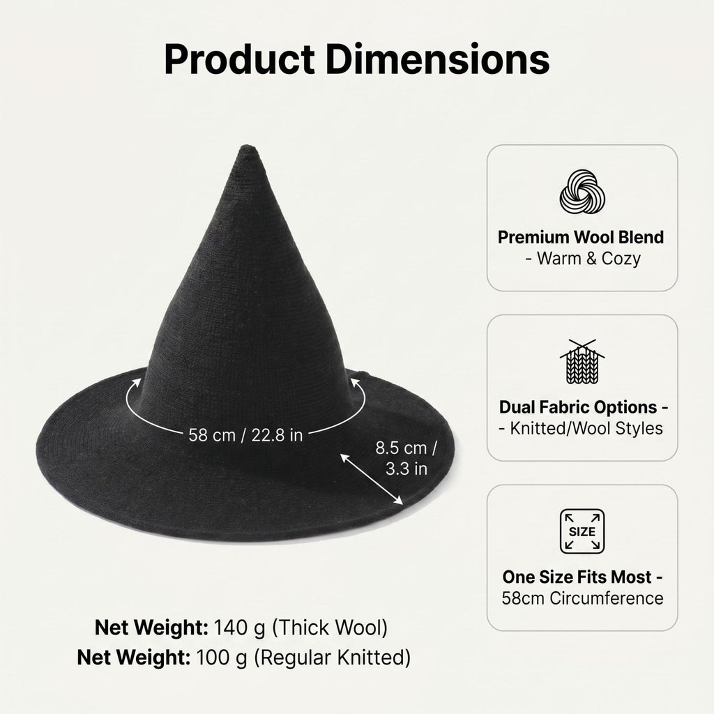 Knitted Halloween witch hat size and measurement guide