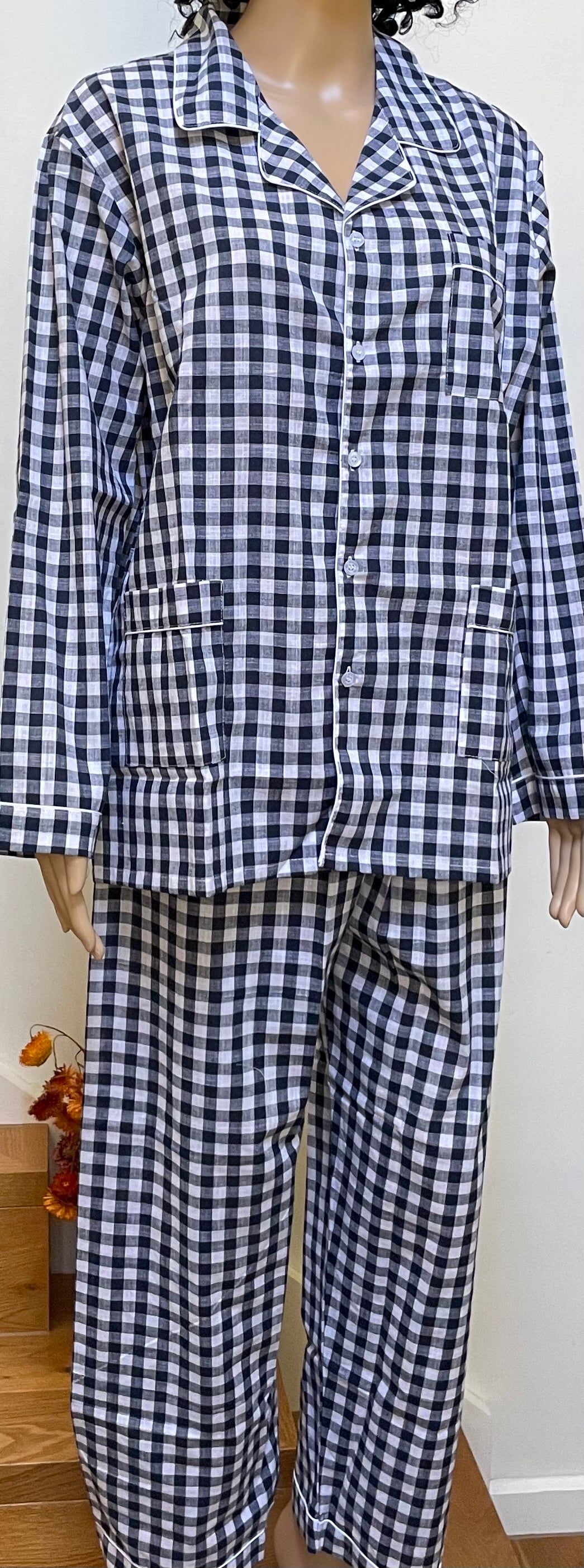 Adult cotton PJ long set - Navy Blue & White Classic Check