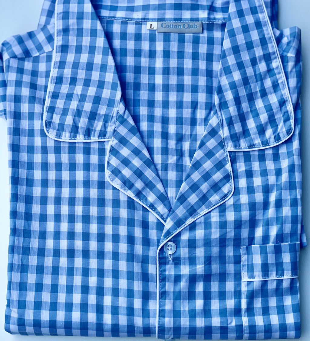 cotton pajama set in blue white check long pants long sleeves for men and women large size