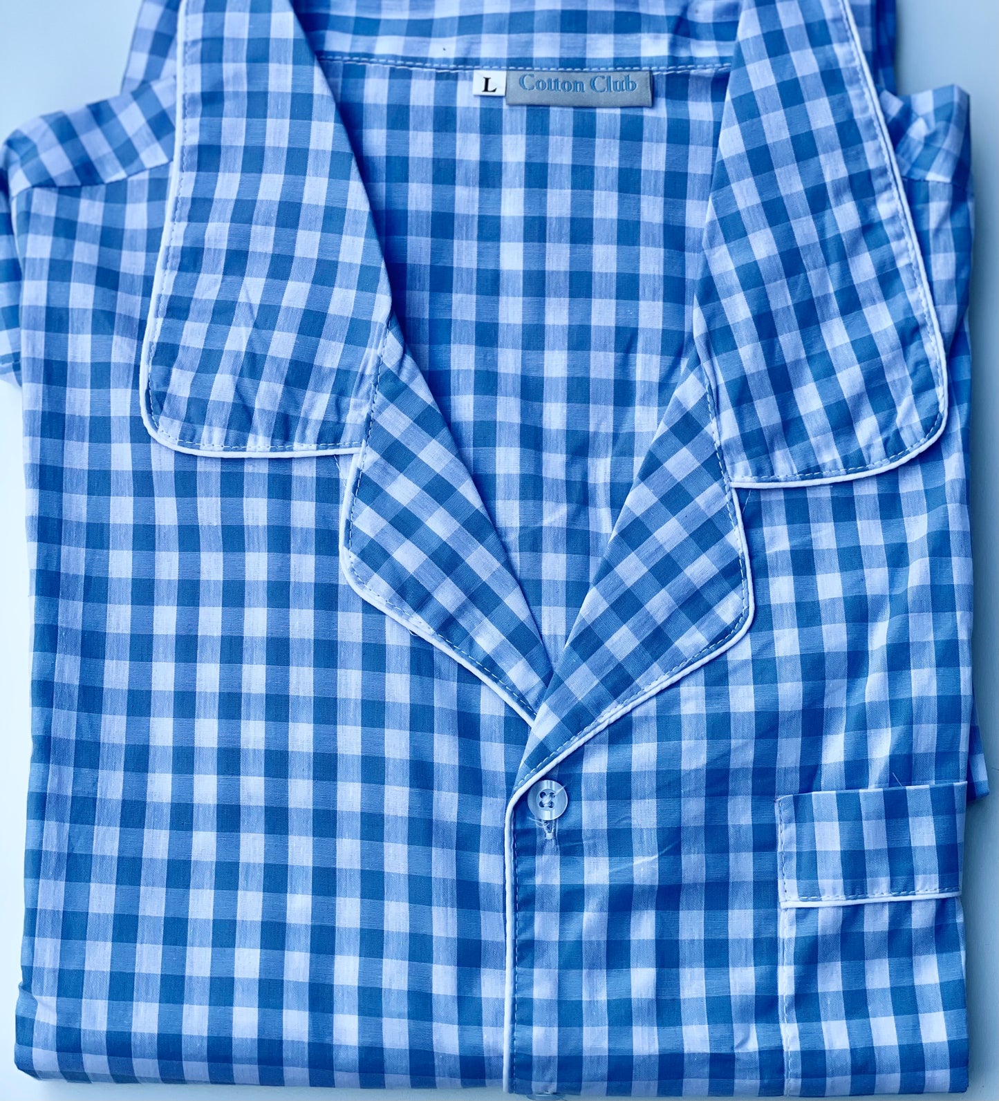 cotton pajama set in blue white check long pants long sleeves for men and women large size