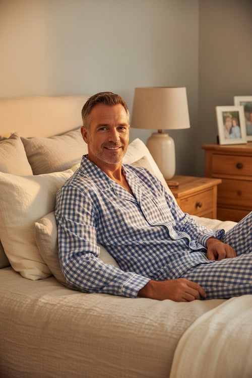 cotton pajama set in blue white check long pants long sleeves for men and women large size
