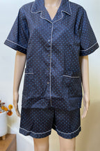 standing in XL pajama short sleeve set in dark blue with classic pattern for men or women