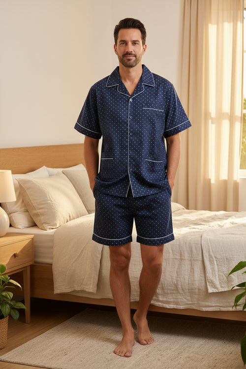 standing in XL pajama short sleeve set in dark blue with classic pattern for men or women