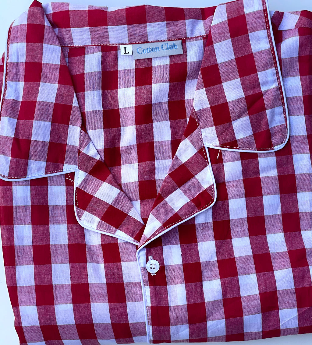 Top view of red white check cotton pajamas for men and women, large size