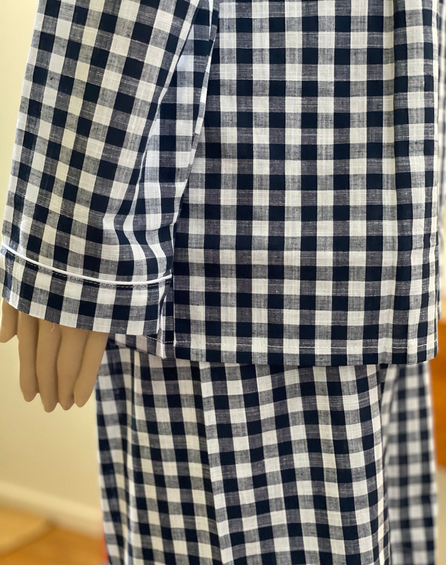 side view of pure cotton pj set in navy blue and white check for adults unisex men women