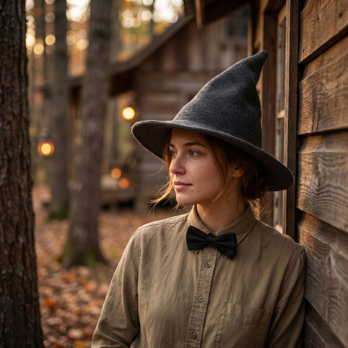 Woman wearing a witch hat and bow tie leaning against a wooden cabin in the woods.