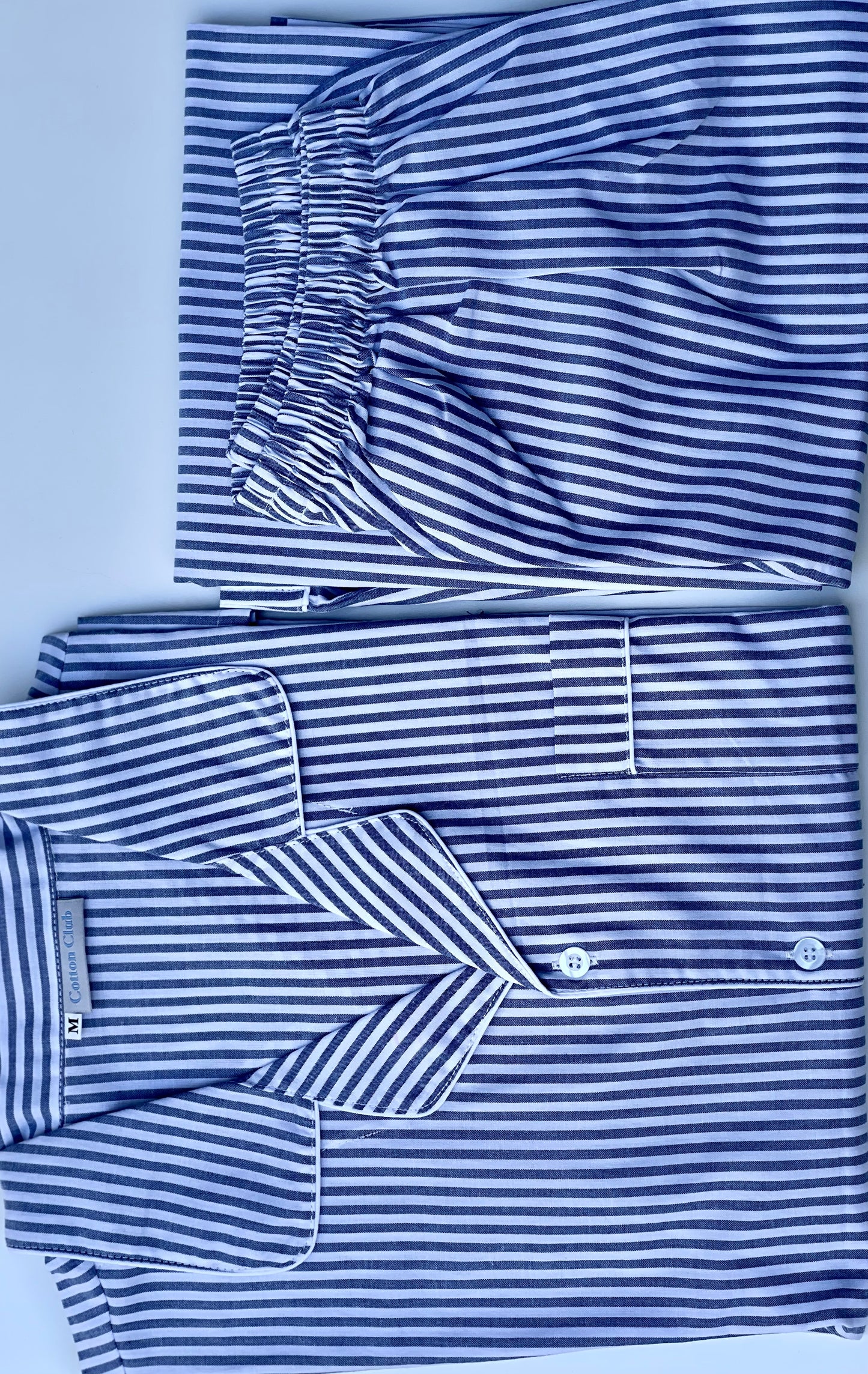 100% cotton pj long set folded with white blue stripes for men and women