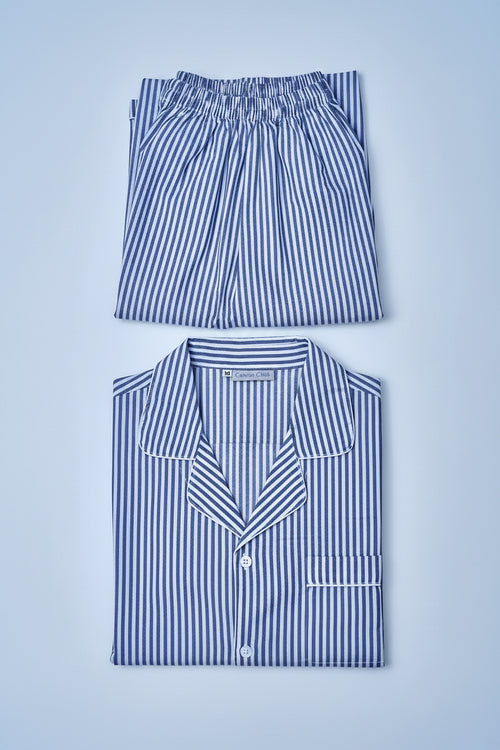 100% cotton pj long set folded with white blue stripes for men and women