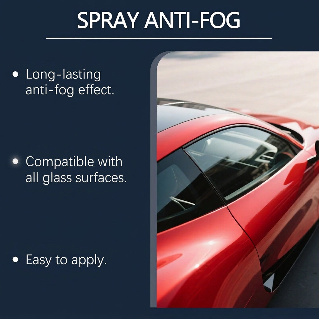 Anti-Fog Spray suitable for car window and glass materials to reduce condensation and fogging.