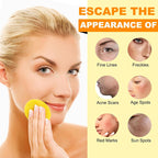 Woman using a yellow facial scrub with skin condition icons on a beige background