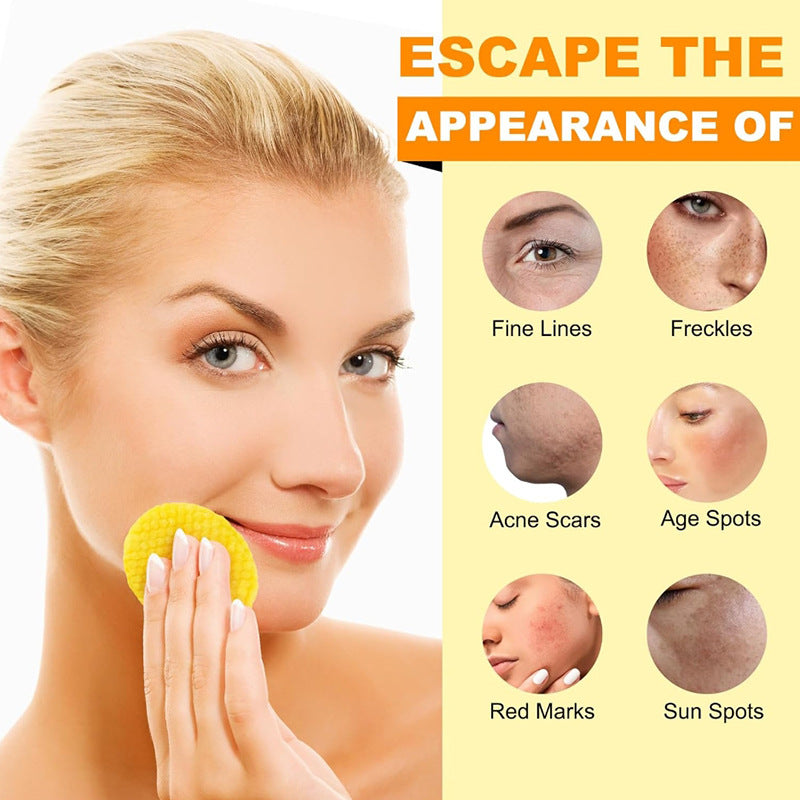 Woman using a yellow facial scrub with skin condition icons on a beige background