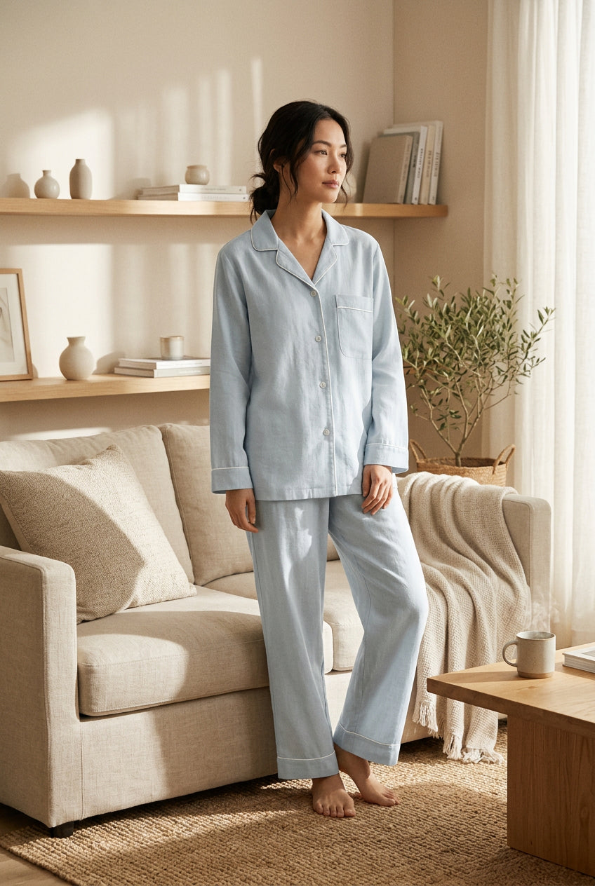 Woman wearing a pale blue cotton pajama set with white piping in a sunlit living room. 