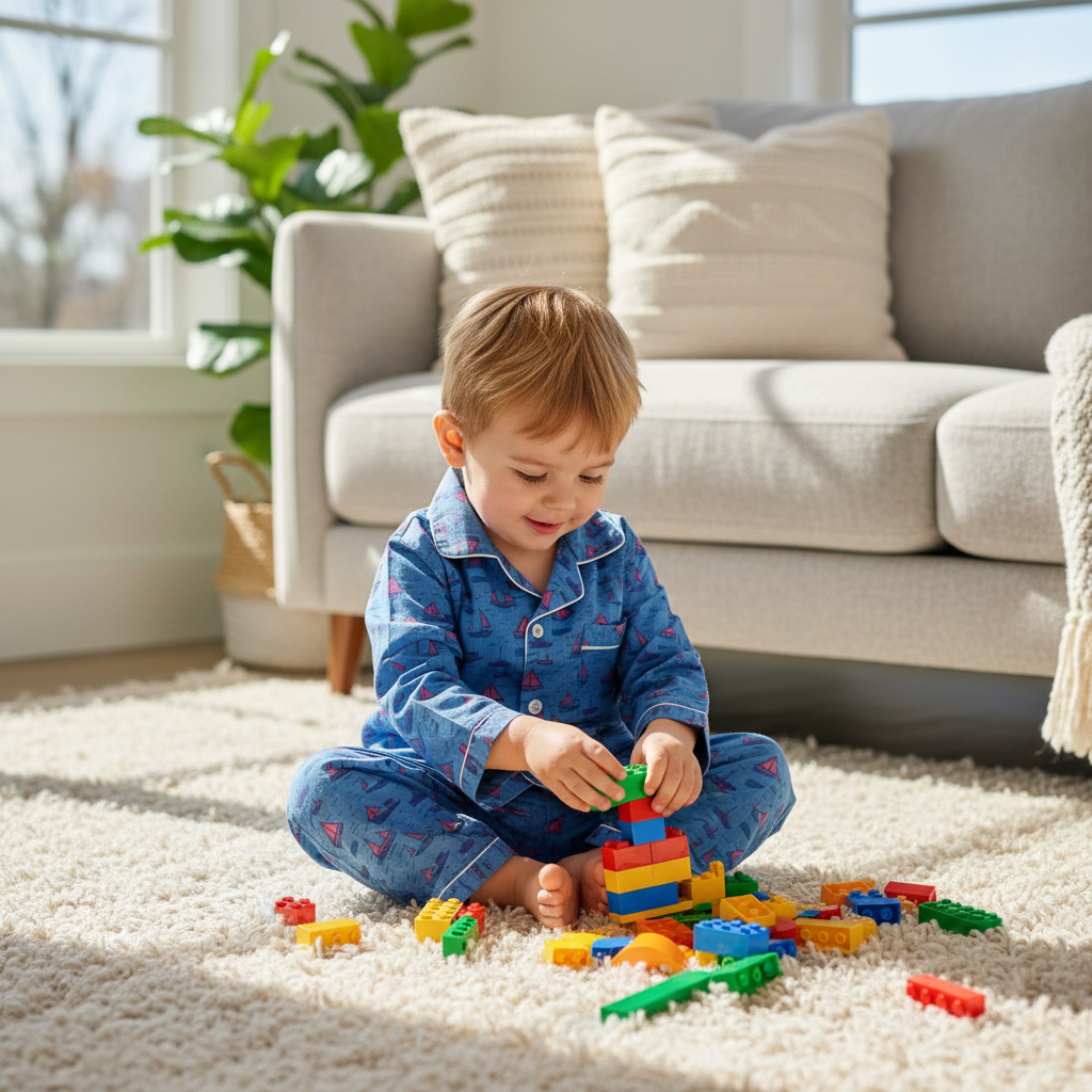 A young child wearing blue patterned pajamas sits on a white carpet in a bright living room, building blocks with colorful toy pieces scattered around them.