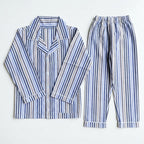 Folded image of the cotton pajama set of matching long pants and long sleeves with stripes of blue and brown.