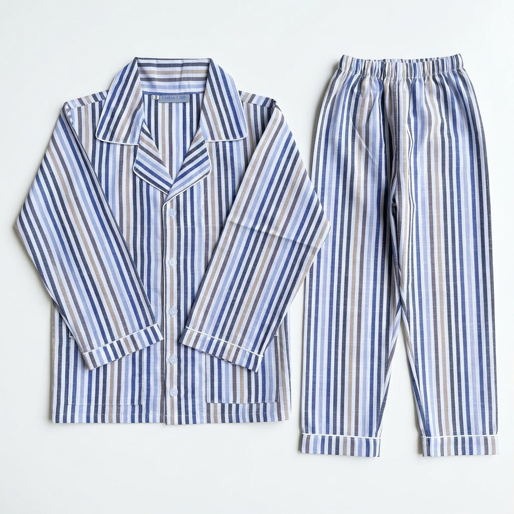 Folded image of the cotton pajama set of matching long pants and long sleeves with stripes of blue and brown.