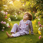 A young child sitting on green grass in a sunlit garden, wearing a pink and white striped pajama set with a small red dinosaur embroidered detail on the chest.