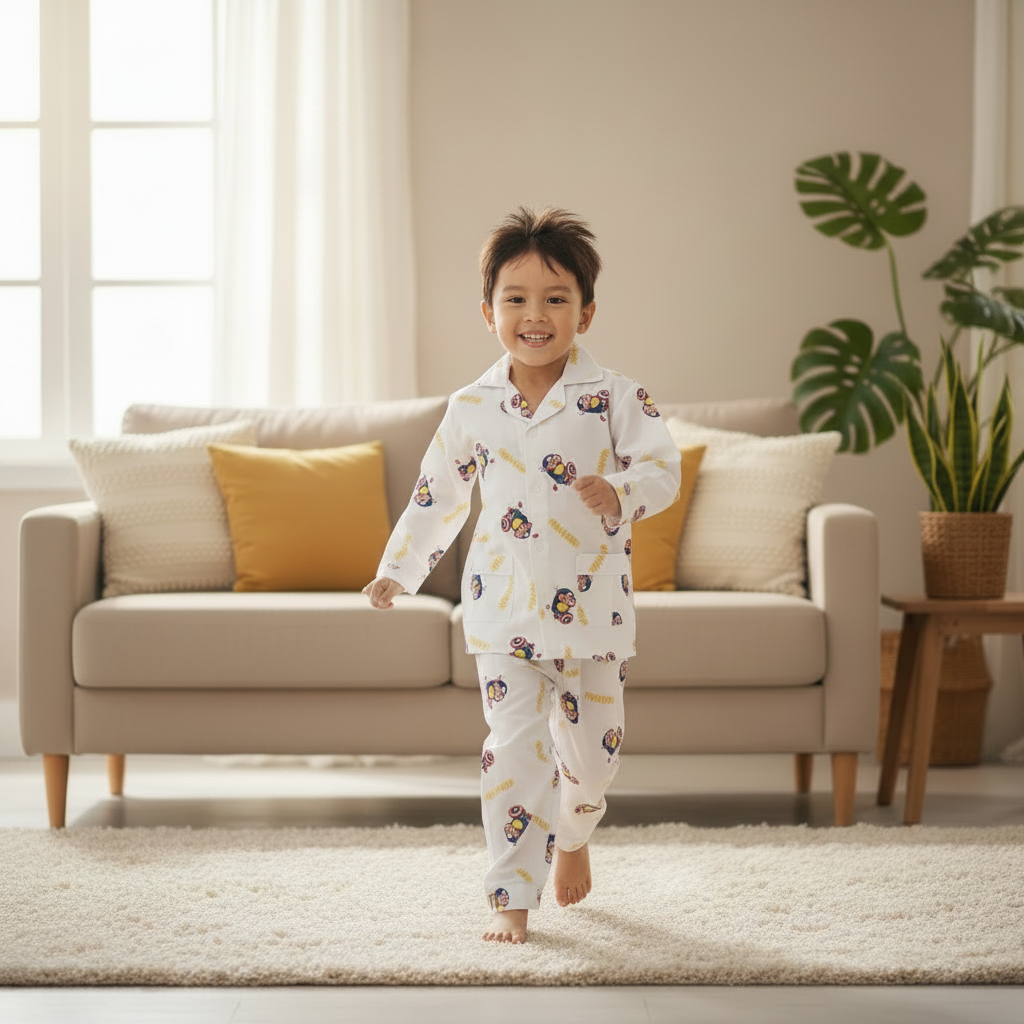 A young boy smiling and running on a sunny green lawn, wearing a white long-sleeve pajama set with Minions character.